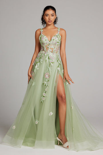 Sparkly Green A Line Seillettes Corsetto Abito da cerimonia lungo ricamato con fessura